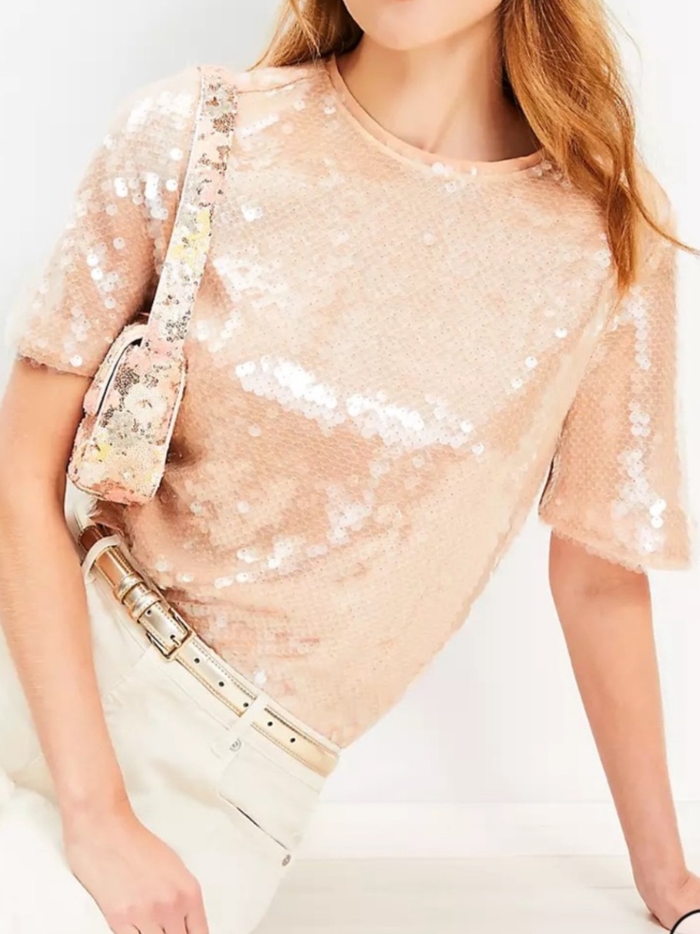 LOFT Sequin Short Sleeve Top - Champagne Sz S